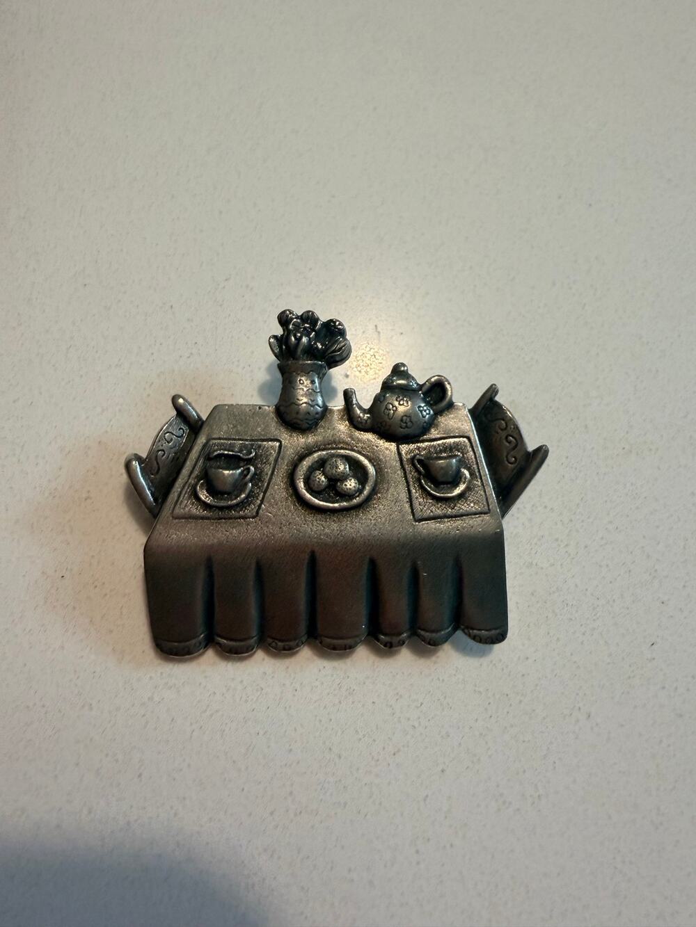 Vintage Danforth Pewter Tea Party Brooch Pin Signed 1990 Teapot Table Scene